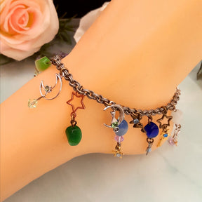 Handmade magical fantasy rainbow celestial anklet with cat's eye stones and genuine Austrian crystals, Victorian style vintage style, colorful boho fairy anklet