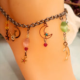Handmade magical fantasy rainbow celestial anklet with genuine Austrian crystals, Victorian style vintage style, colorful moon and stars fairy jewelry

