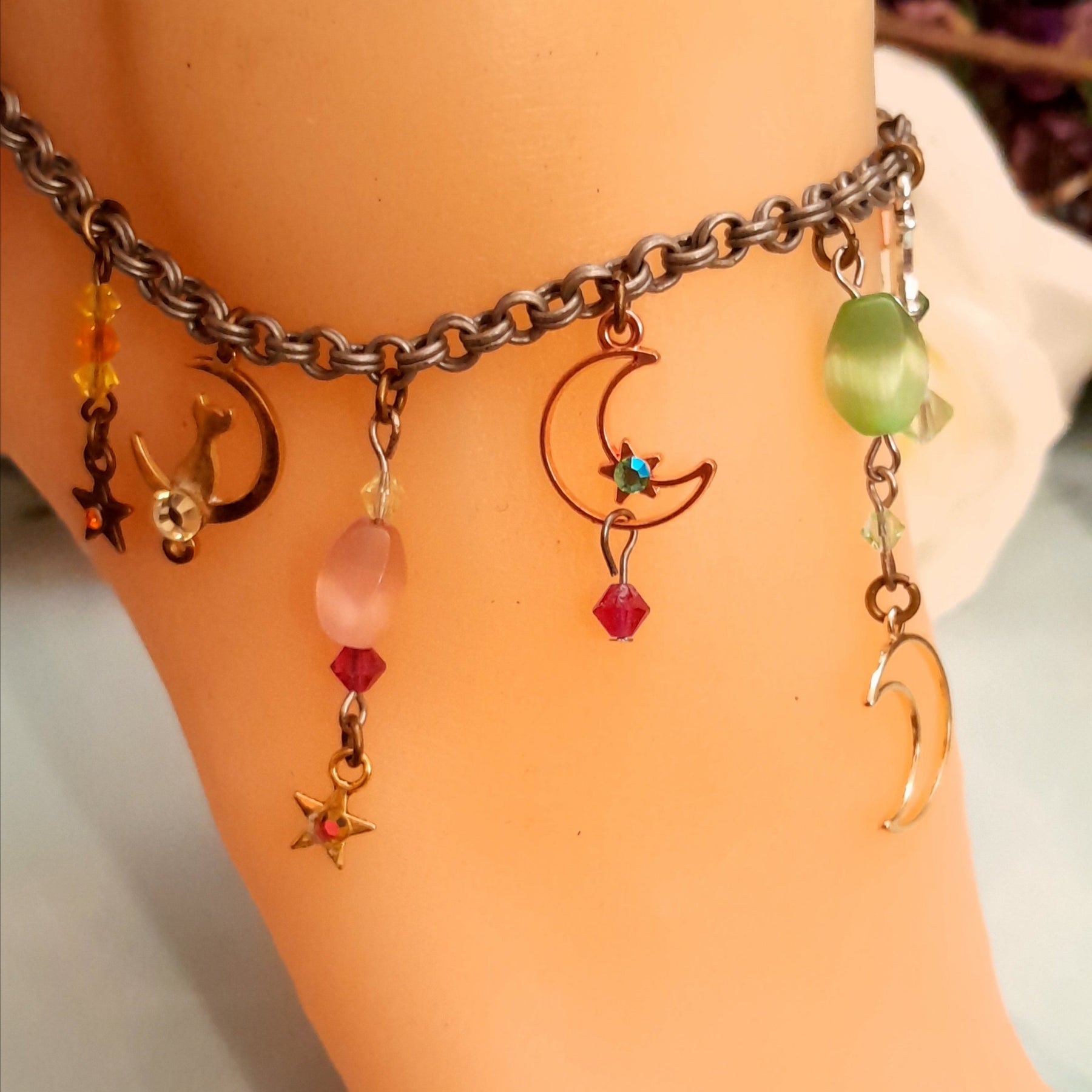 Handmade magical fantasy rainbow celestial anklet with genuine Austrian crystals, Victorian style vintage style, colorful moon and stars fairy jewelry

