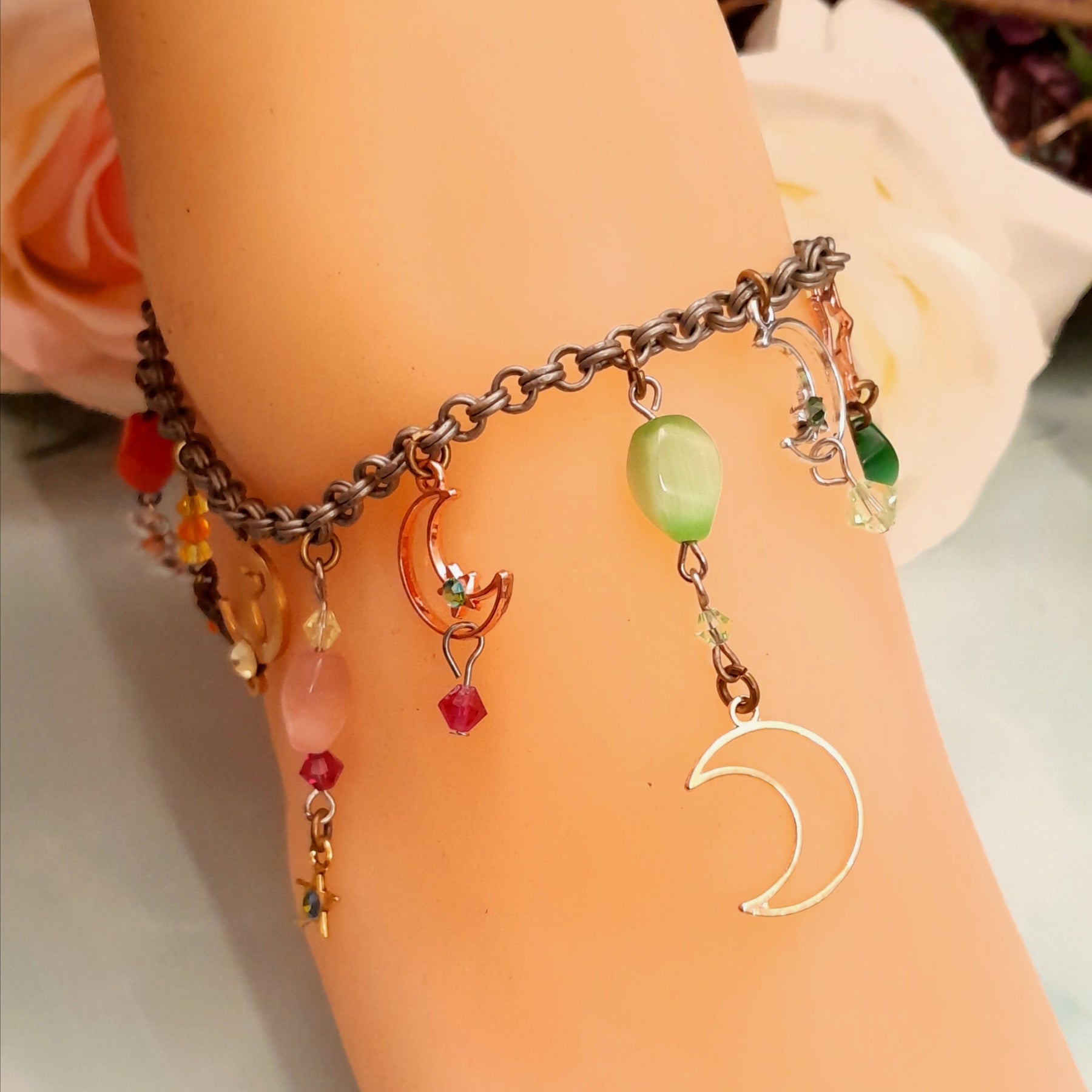 Handmade magical fantasy rainbow celestial anklet with fairy charm and genuine Austrian crystals, Victorian style vintage style, fairycore moon-inspired anklet