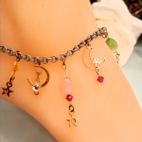 Handmade magical fantasy rainbow anklet with moon, fairy and star charms, Victorian style vintage style, genuine Austrian crystals night-sky fairy jewelry