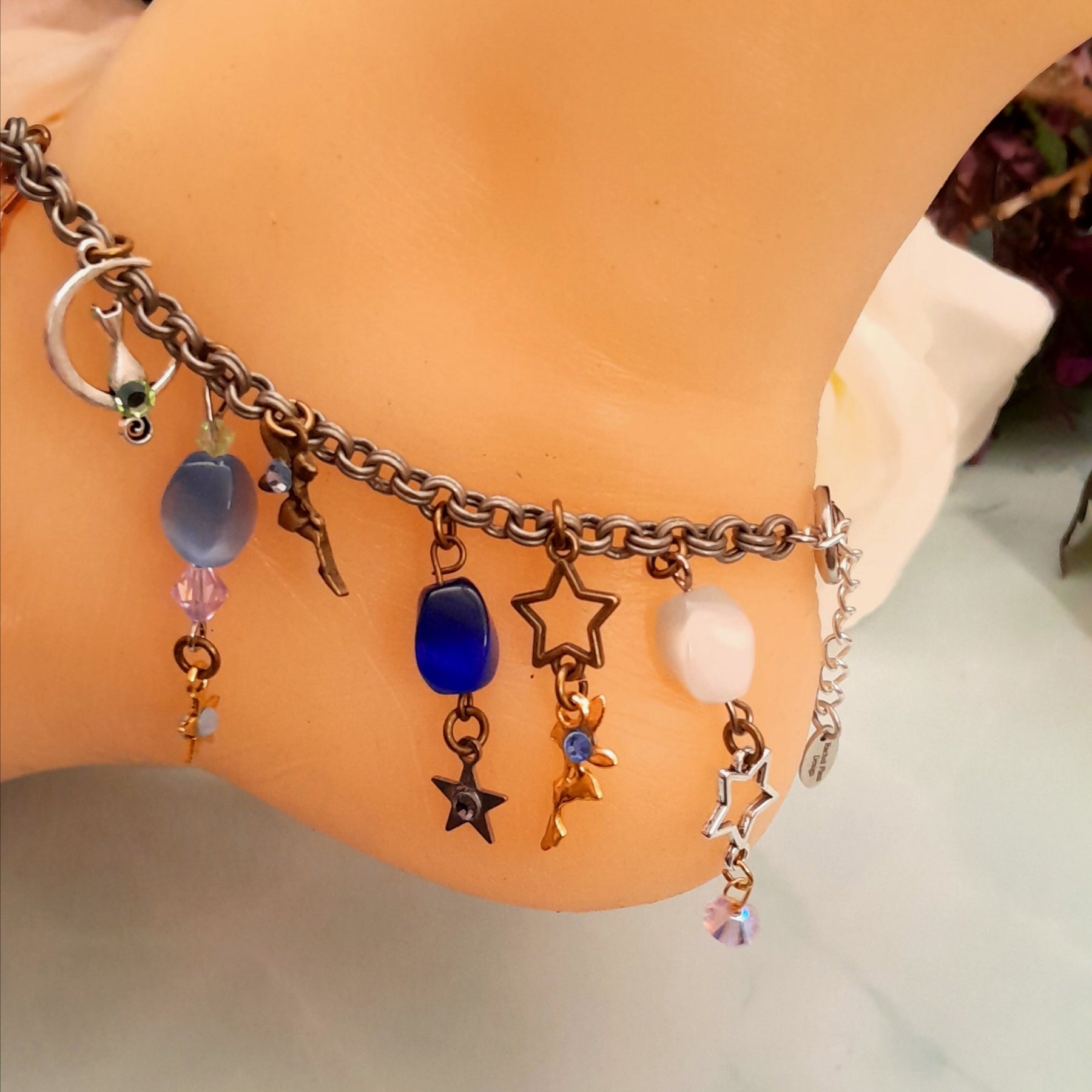 Handmade magical fantasy rainbow anklet with crescent moon and star charms, Victorian style vintage style, genuine Austrian crystals celestial fairy jewelry