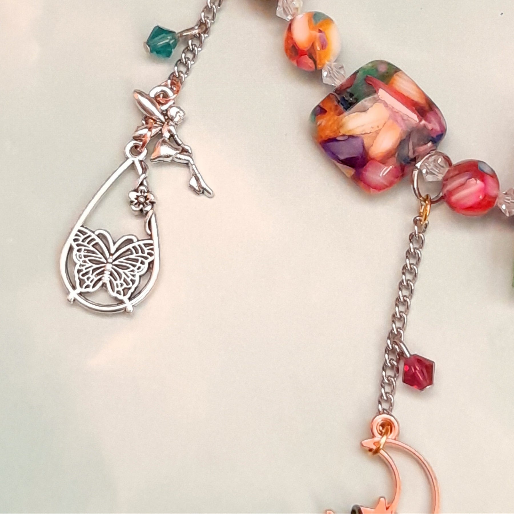 Magical fantasy rainbow confetti bead necklace with butterfly charm and Swarovski crystals, handmade bohemian Victorian style vintage style statement piece