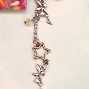 Handmade magical fantasy rainbow beaded necklace with star outline and fairy charms, Swarovski crystals, Victorian style vintage style bohemian jewelry