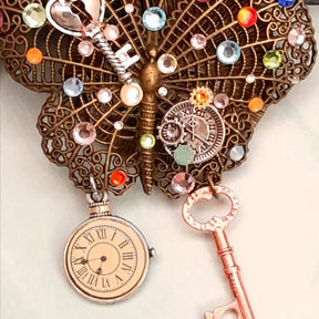 Magical fantasy butterfly necklace with rose gold skeleton key, rainbow Swarovski crystals and steampunk charms, handmade Victorian style vintage style