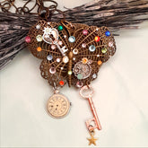 Handmade magical fantasy brass filigree butterfly necklace with rainbow Swarovski crystals and steampunk clock, Victorian style vintage style jewelry

