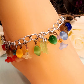 Handmade magical fantasy rainbow anklet with colorful flower charms, leafy details and genuine Austrian crystals, Victorian style vintage style, enchanted garden anklet