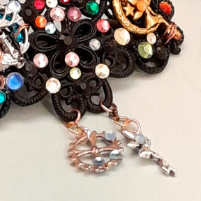 One-of-a-kind magical fantasy rainbow crystal black barrette with fairy charm and steampunk gear, handmade Victorian style vintage style bohemian hair clip