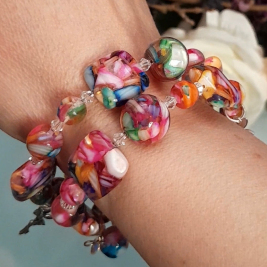 Rainbow fairy multicolor stretch bracelet with Swarovski crystals, Victorian style vintage style handmade fantasy jewelry

