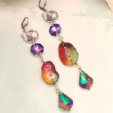 Handmade rainbow long dangle earrings multicolor magical fantasy Victorian style vintage style with Swarovski crystals

