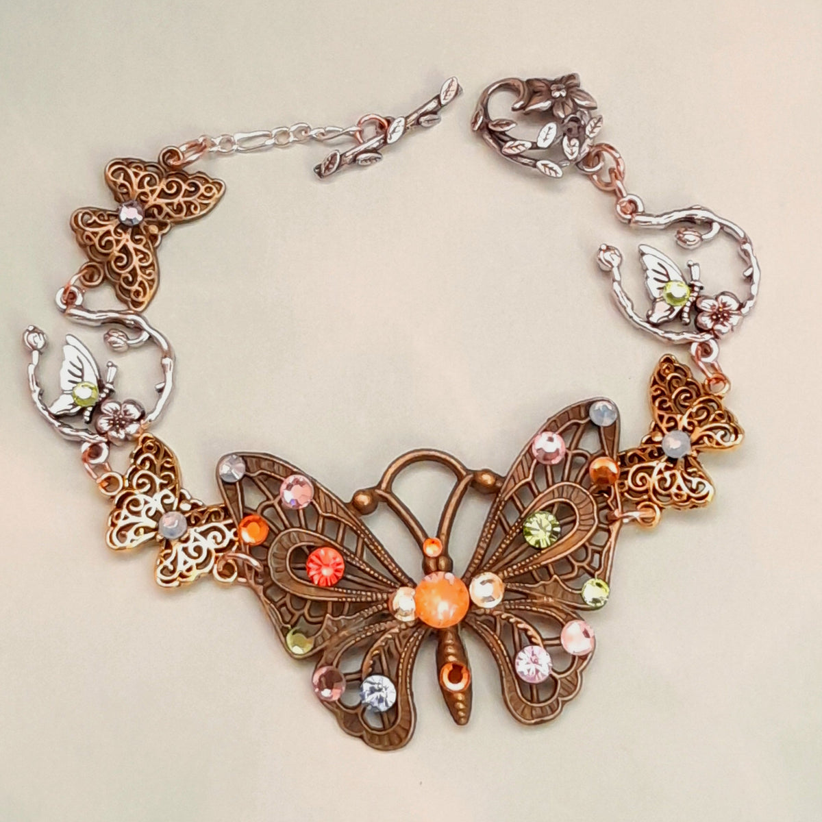 Handmade Victorian style vintage style rainbow multicolor butterfly bracelet with Swarovski crystals


