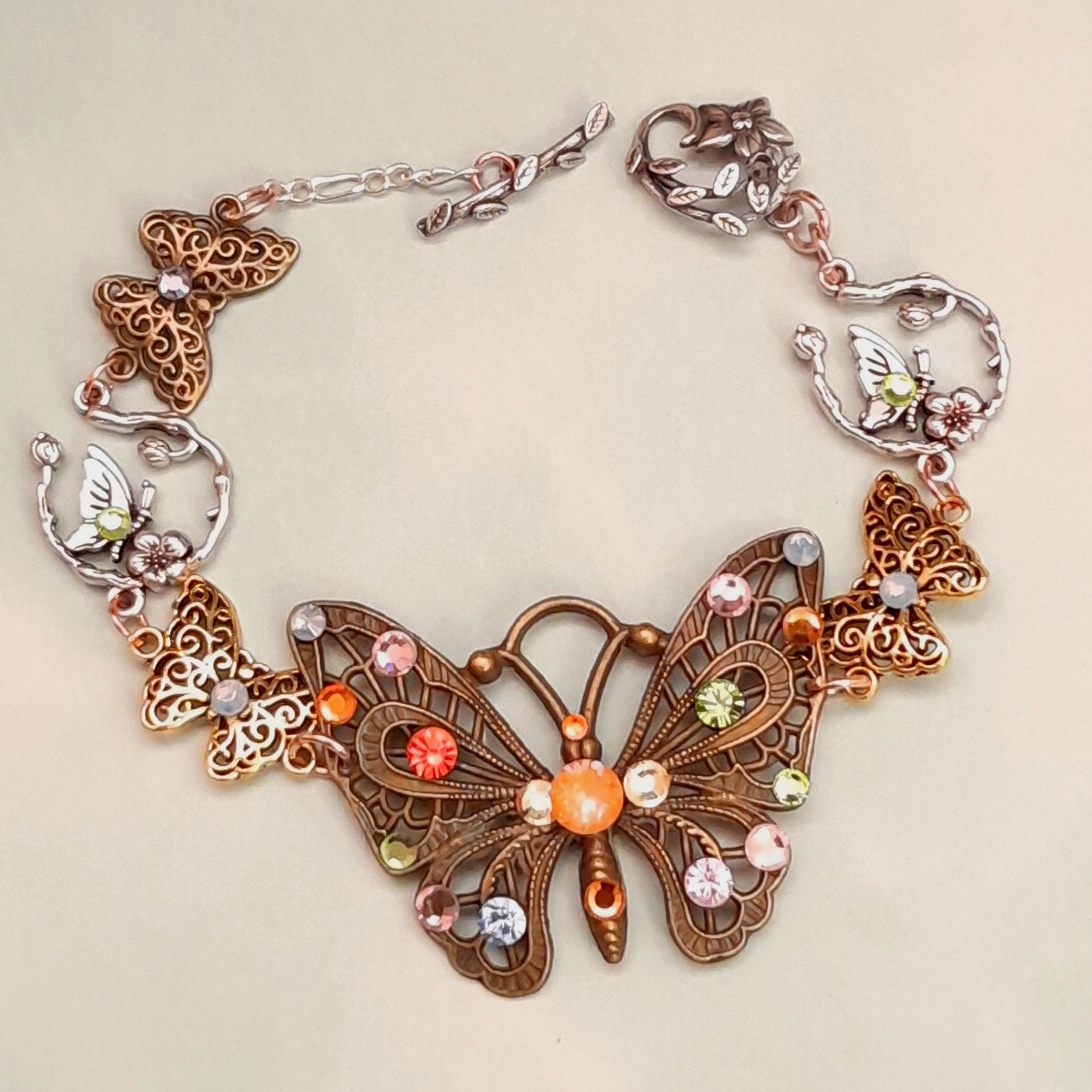 Handmade Victorian style vintage style rainbow multicolor butterfly bracelet with Swarovski crystals

