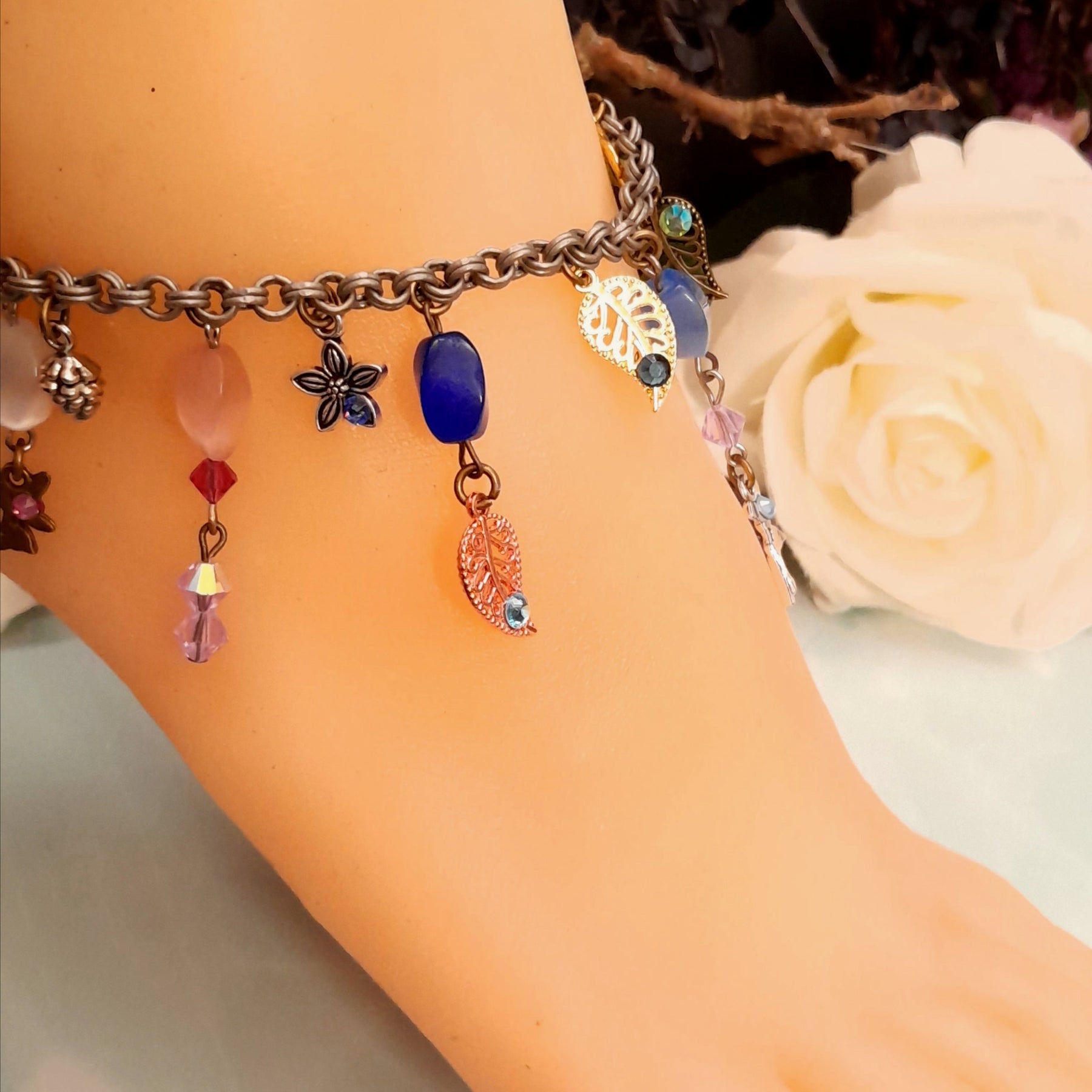 Handmade magical fantasy rainbow nature anklet with flowers, leaves and genuine Austrian crystals, Victorian style vintage style, colorful boho fairy jewelry