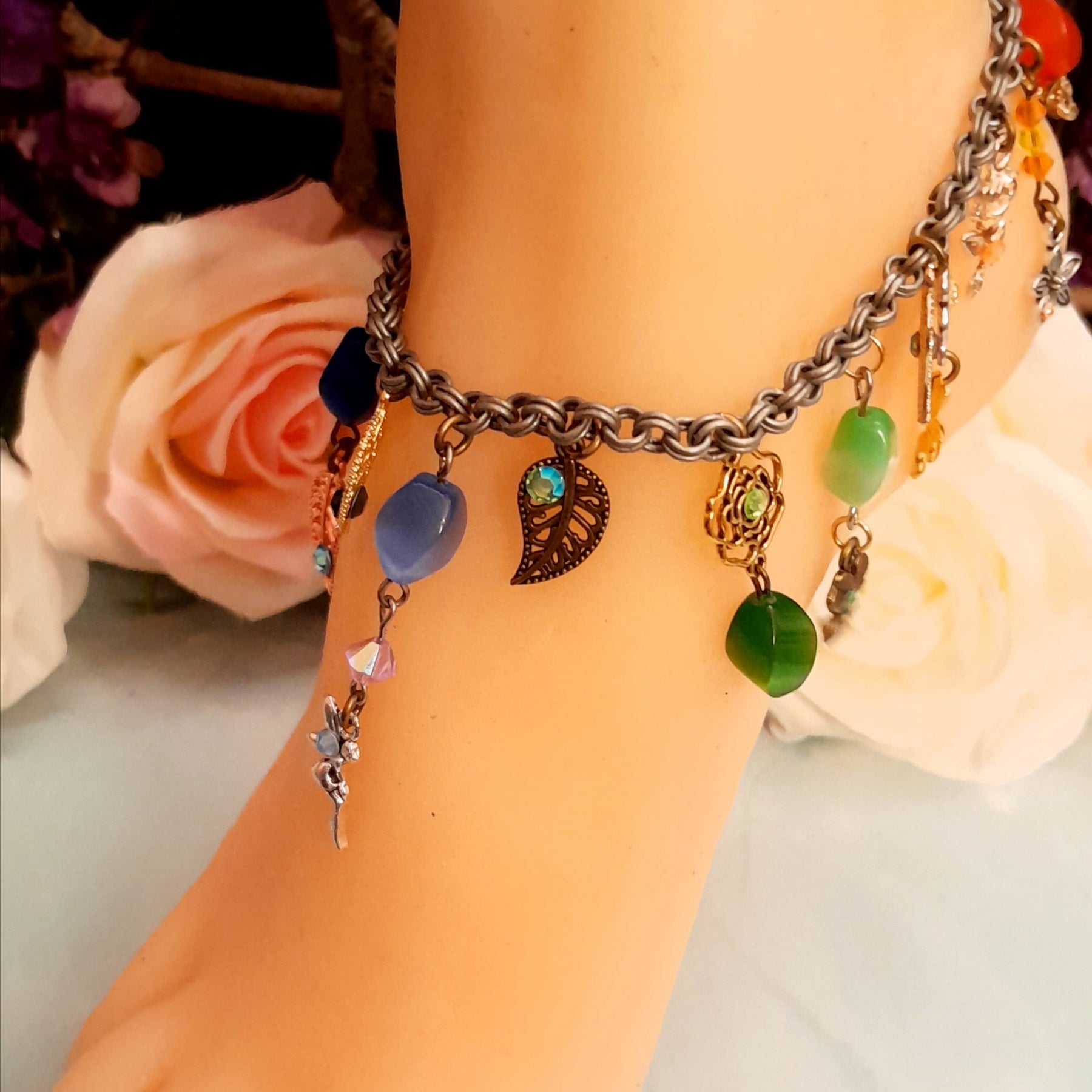 Handmade magical fantasy rainbow anklet with fairy charms, nature details and genuine Austrian crystals, Victorian style vintage style, fairycore festival jewelry