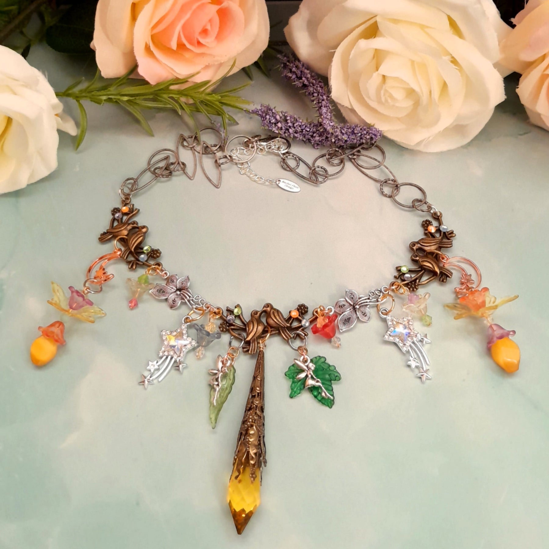Handmade magical fantasy bird necklace with yellow Swarovski crystals, boho Victorian style vintage style nature-inspired jewelry

