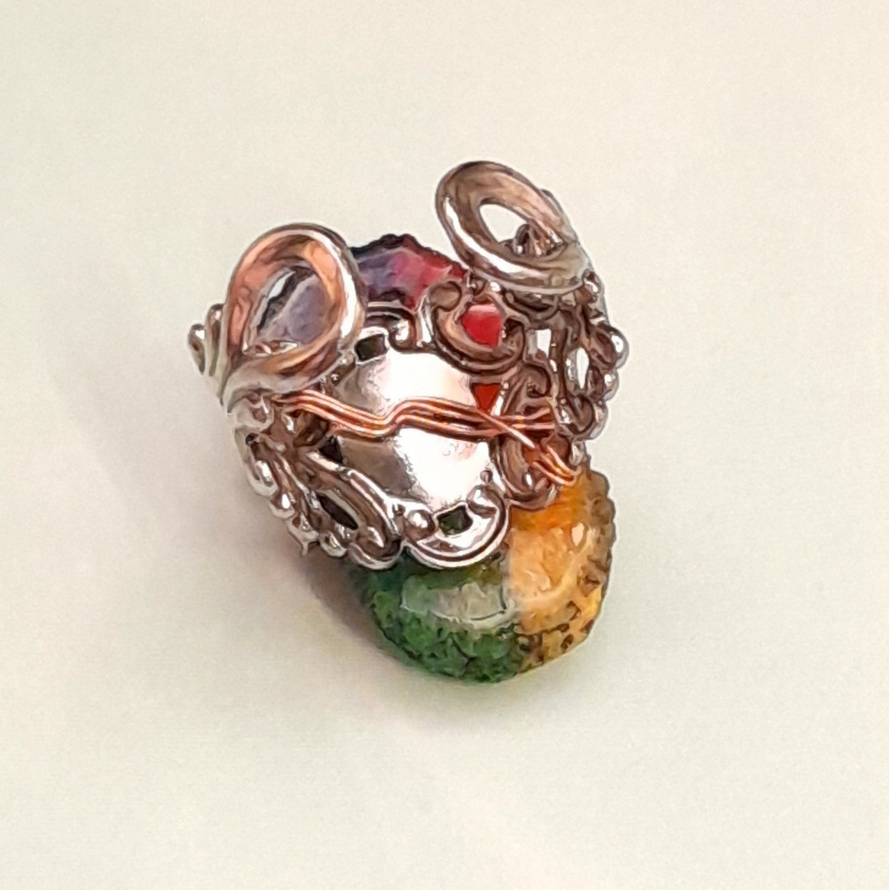 Back view of handmade magical fantasy rainbow stone dragonfly ring with antiqued silver filigree scrollwork band, Victorian style vintage style boho jewelry