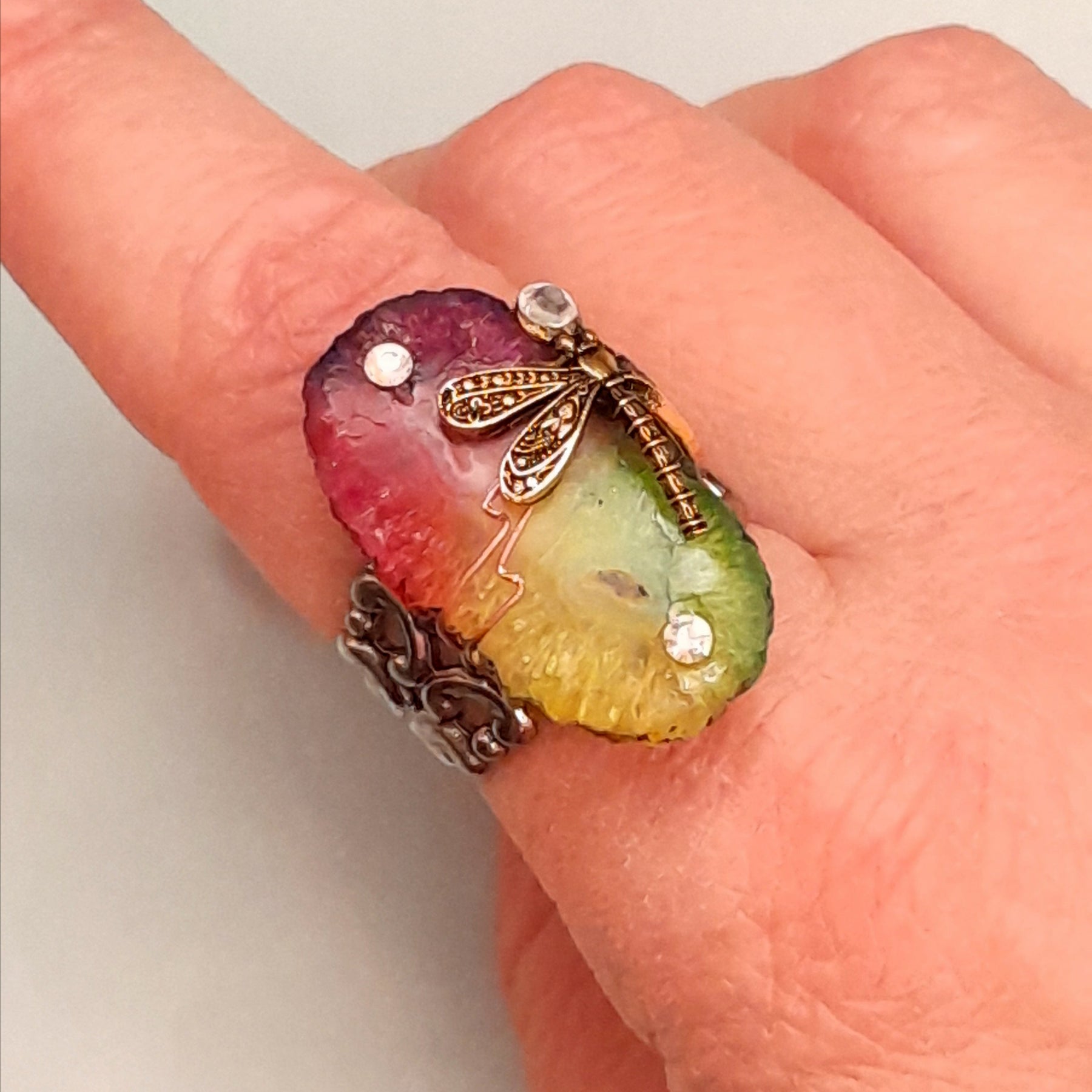 One-of-a-kind magical fantasy rainbow stone dragonfly ring with Swarovski crystals, handmade adjustable filigree band, Victorian style vintage style boho