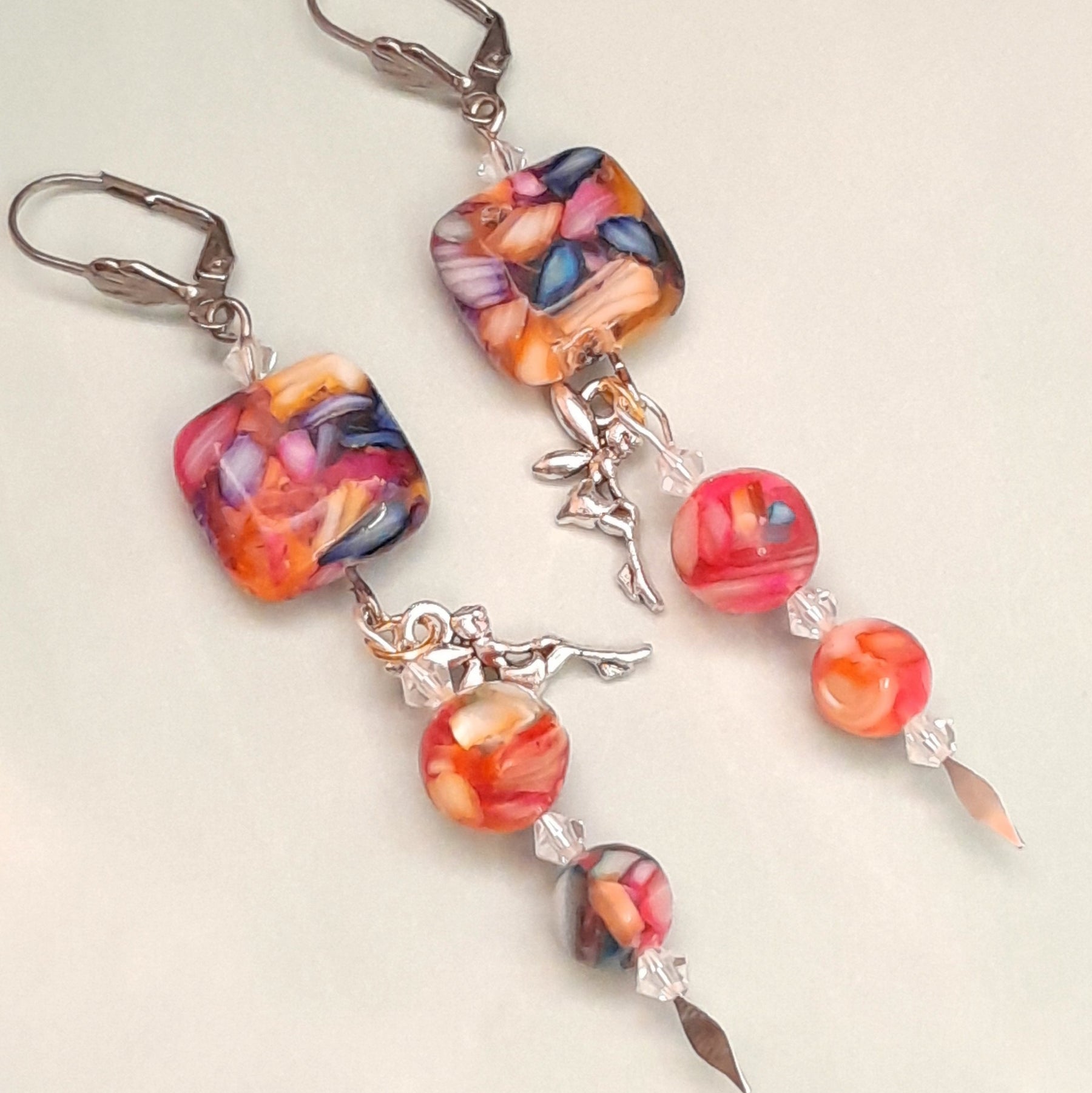 Magical rainbow bead fairy dangle earrings Victorian style vintage style handmade with Swarovski crystals

