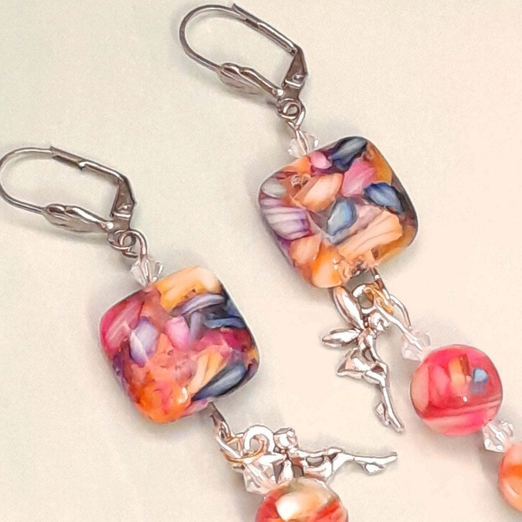 Silver fairy charm rainbow bead earrings magical Victorian style vintage style handmade Swarovski crystals