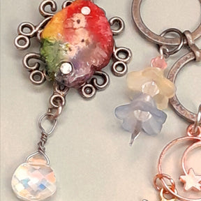 Handmade magical fantasy rainbow stone necklace with filigree scrollwork and Swarovski AB crystal drops, Victorian style vintage style celestial boho jewelry