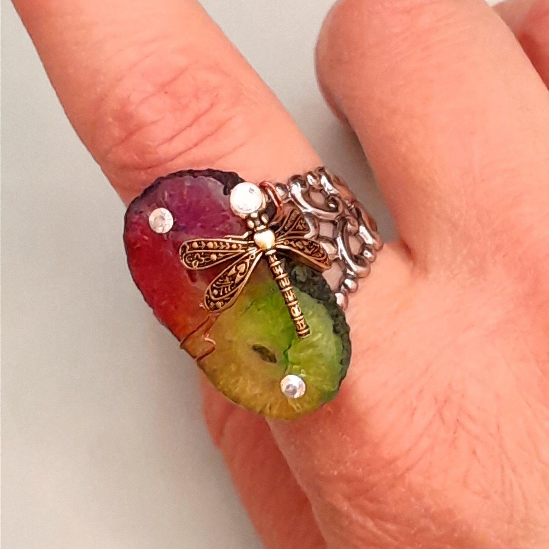 One-of-a-kind magical fantasy rainbow stone ring with dragonfly charm and Austrian crystal accents, handmade Victorian style vintage style boho jewelry