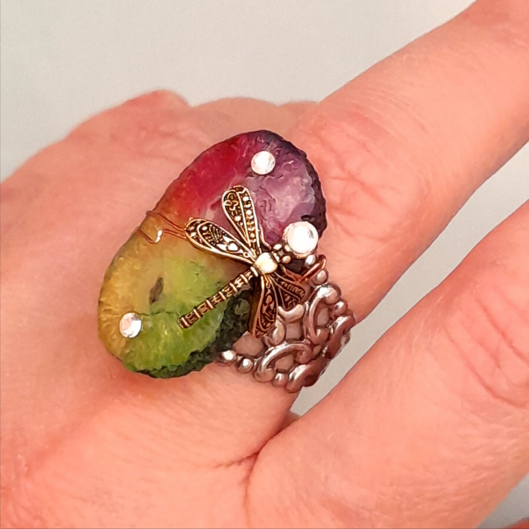 Handmade magical fantasy rainbow stone ring with brass dragonfly and Swarovski crystals, adjustable filigree band, Victorian style vintage style jewelry