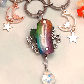 One-of-a-kind magical fantasy rainbow stone necklace with rose gold crescent moon and star charms, Swarovski crystals, handmade Victorian style vintage style