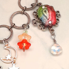 One-of-a-kind handmade magical fantasy rainbow stone celestial necklace with moon, star, and Swarovski crystal charms, Victorian style vintage style boho