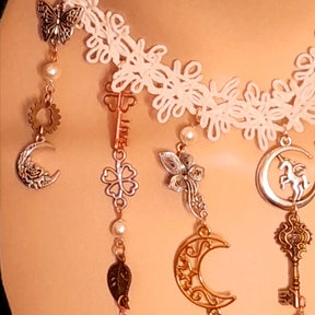 Magical fantasy bridal choker necklace – unique celestial boho wedding jewelry with world-renowned genuine Swarovski crystals, moon, fairy, and cat charms, handmade designer Victorian style