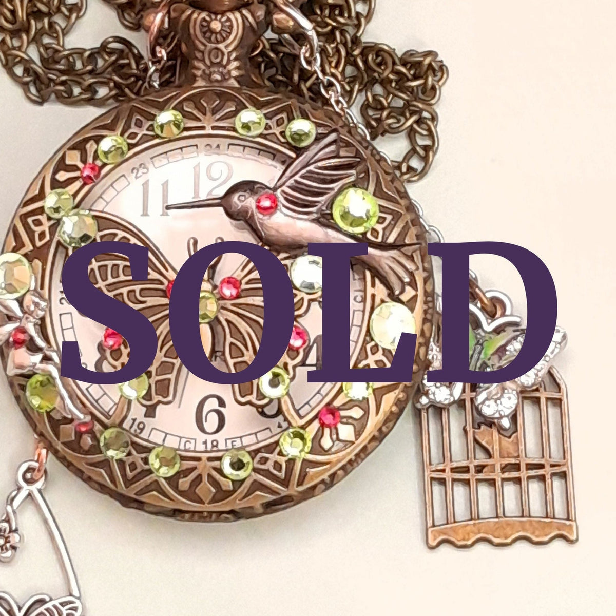 SOLD - See below for link to more pocket watches -  Necklace Pocket Watch Butterfly Pink Green Crystals