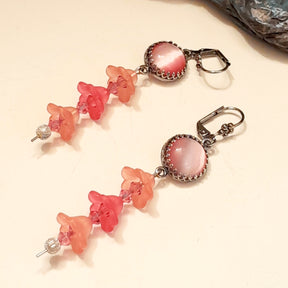 Pink Flower Long Dangle Cat's Eye Earrings