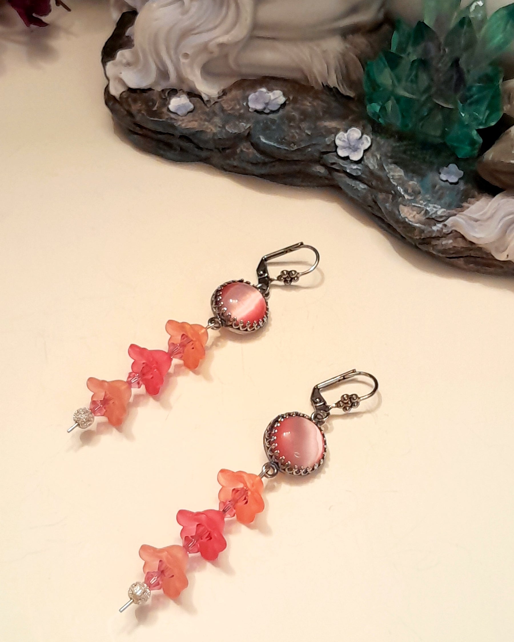 Pink Flower Long Dangle Cat's Eye Earrings