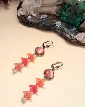 Pink Flower Long Dangle Cat's Eye Earrings