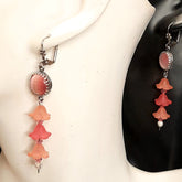 Pink Flower Long Dangle Cat's Eye Earrings