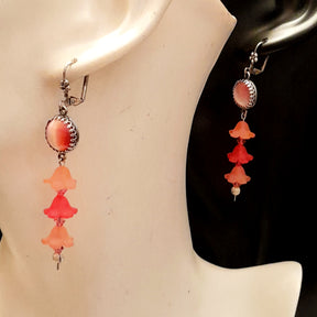 Pink Flower Long Dangle Cat's Eye Earrings