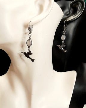 White Cat's Eye Hummingbird Earrings
