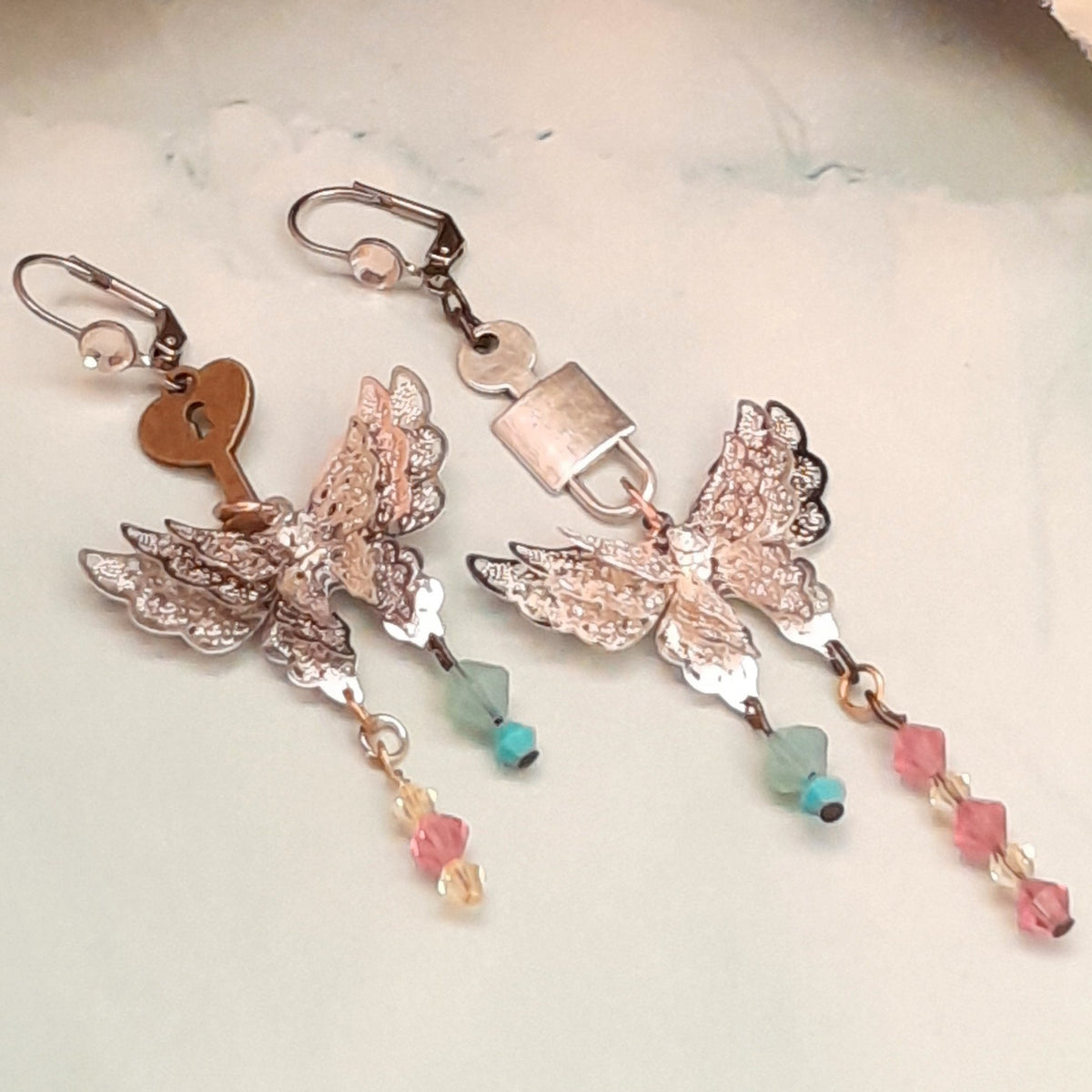 Handmade magical fantasy butterfly earrings with turquoise and pink Swarovski crystals Victorian style vintage style Swarovski crystal

