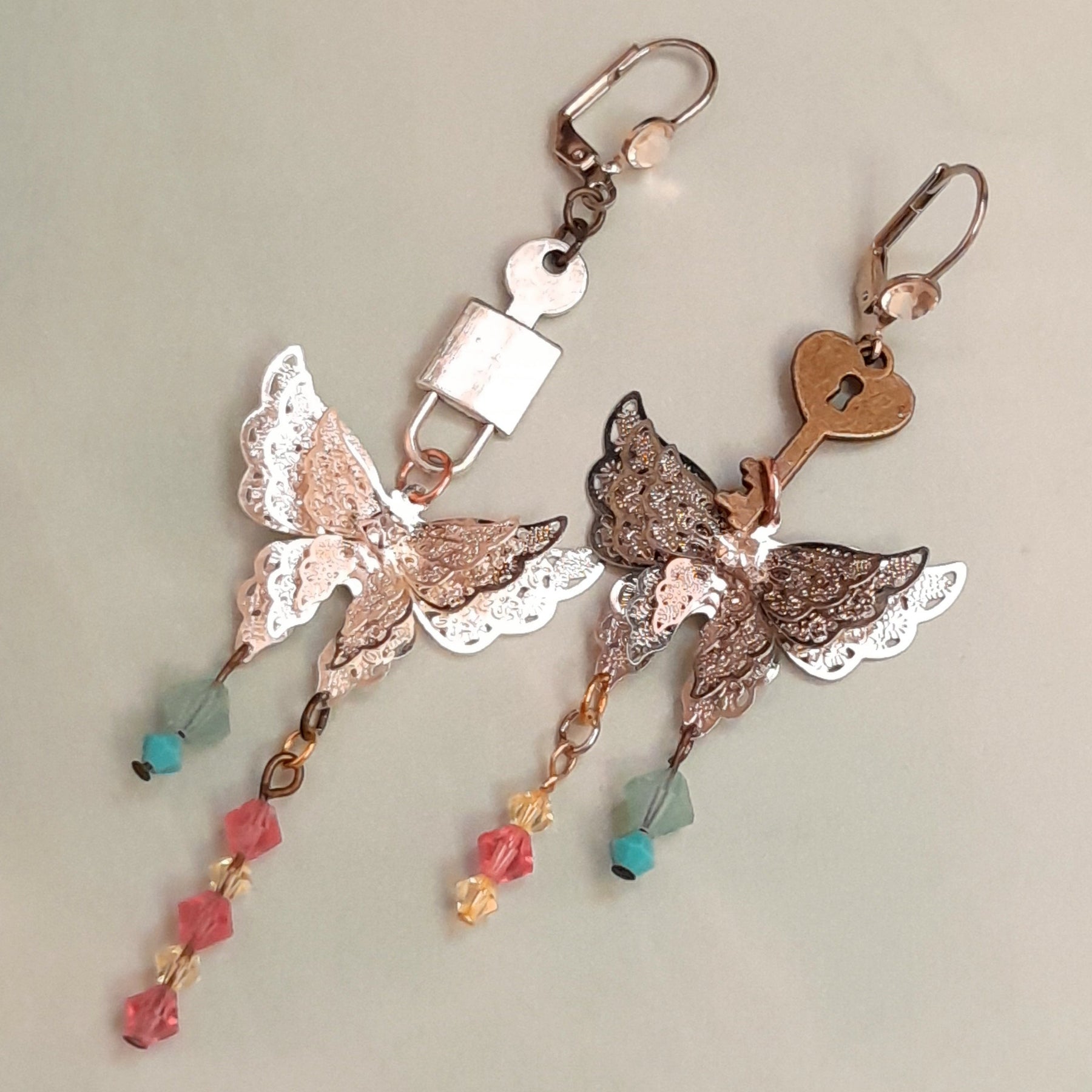 Magical fantasy butterfly key earrings with turquoise Swarovski crystals handmade Victorian style vintage style
swarovski crystal