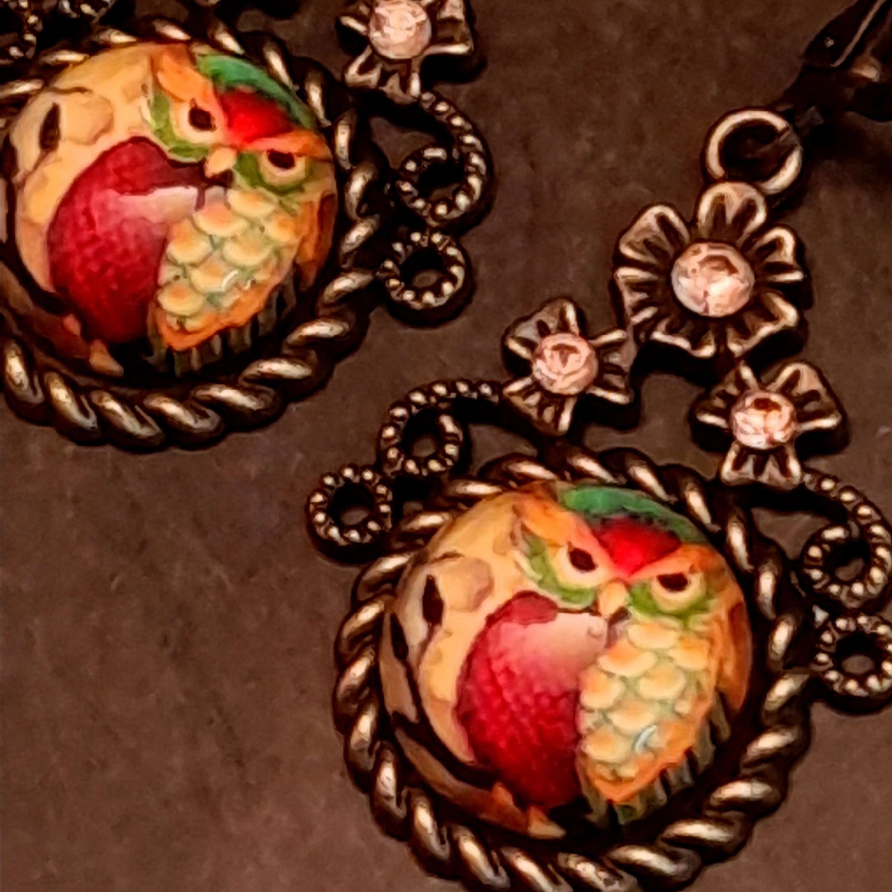 small earrings victorian vintage style with owl cabochins and swarovski crystals