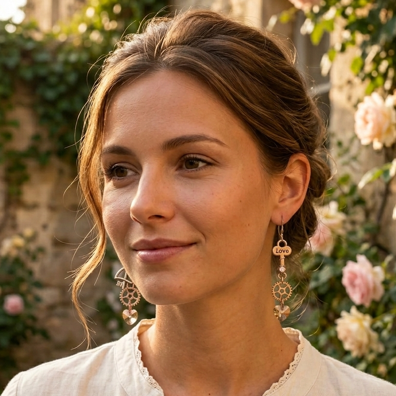 swarovski crystal romantic heart earrings key with love inscribed gears arrows