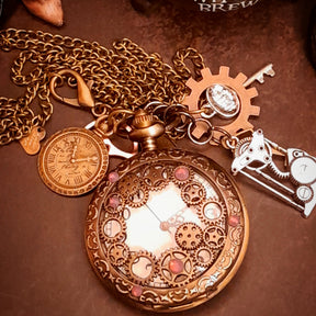 Magical steampunk pocket watch necklace with frosted lavender Swarovski crystals and vintage gear details