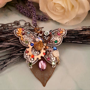 Handmade magical fantasy steampunk rainbow butterfly necklace with Swarovski crystals, bohemian Victorian style vintage style jewelry


