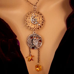 bohemian necklace moon and sunn cabochon owl and yellow crystal star and flower