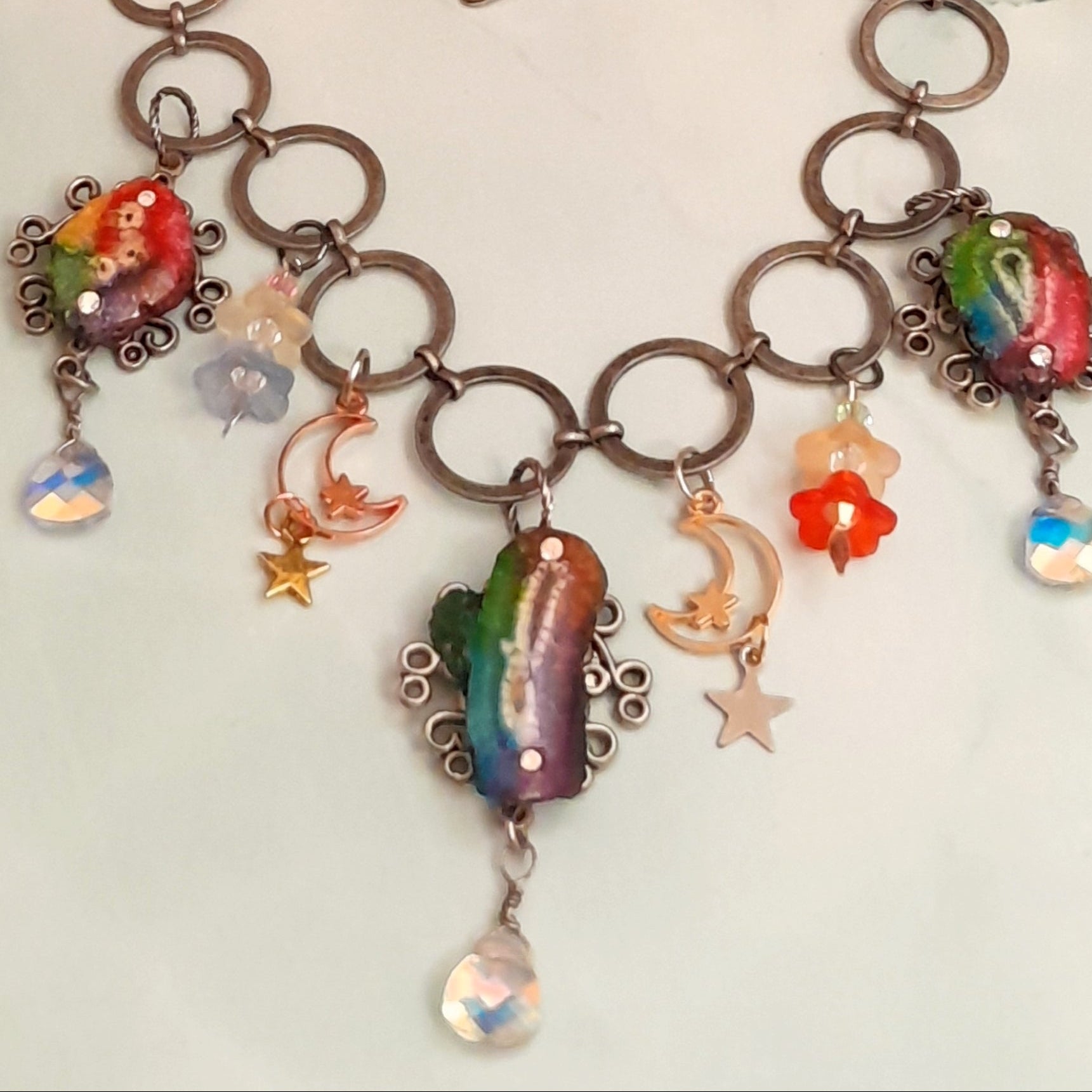 One-of-a-kind magical fantasy rainbow stone necklace with rose gold crescent moon and star charms, Swarovski crystals, handmade Victorian style vintage style

