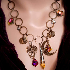 statement necklace with pumpkins dragon leaves brass filigree moon baroque crystals and swarovski yellow icicle crystal round links unique chain 