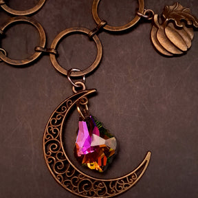 statement necklace with pumpkins dragon leaves brass filigree moon baroque crystals and swarovski yellow icicle crystal round links unique chain 