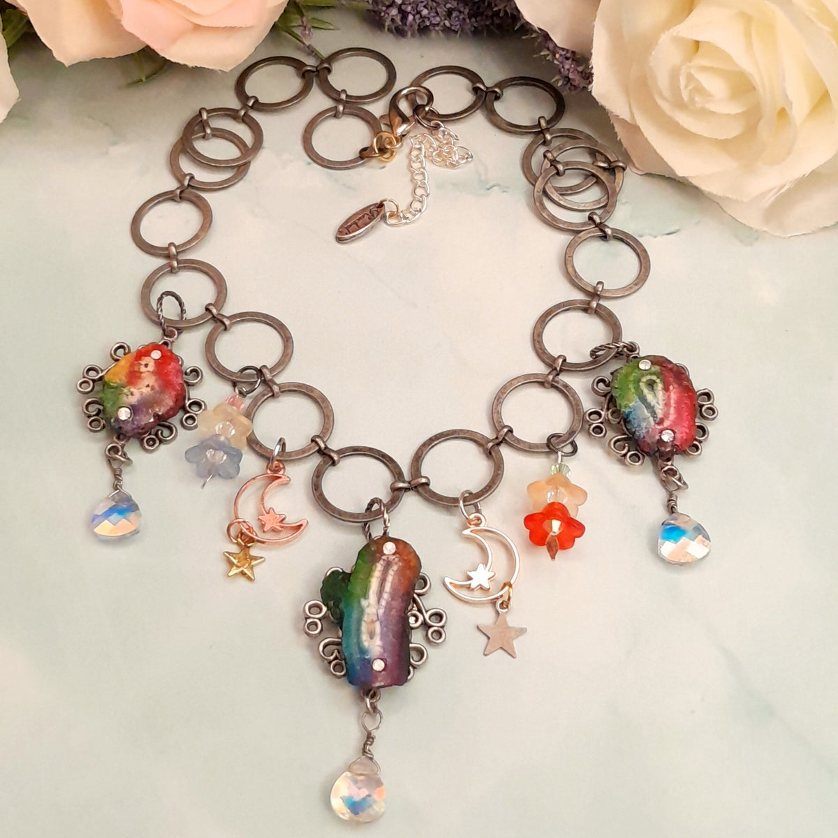 Handmade magical fantasy rainbow stone necklace with Swarovski AB crystal briolettes and celestial moon charms, Victorian style vintage style boho jewelry

