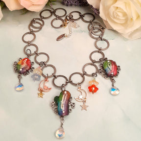 Handmade magical fantasy rainbow stone necklace with Swarovski AB crystal briolettes and celestial moon charms, Victorian style vintage style boho jewelry

