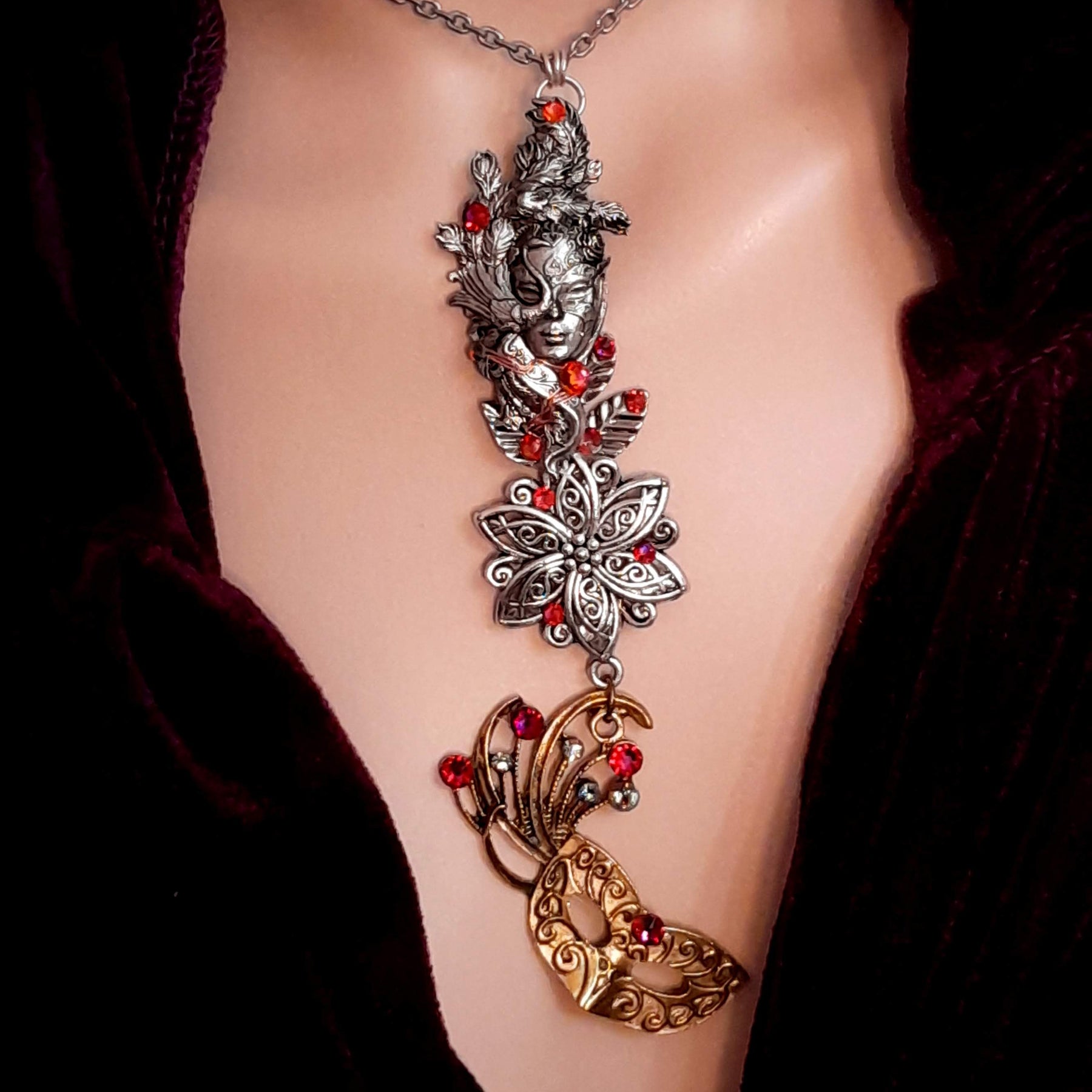 necklace with peacock mask ornate flower and swarovski crystals