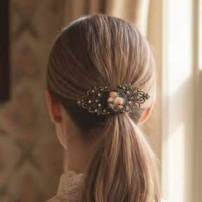 Woman wearing Victorian floral cameo hair clip in ponytail - smaller version